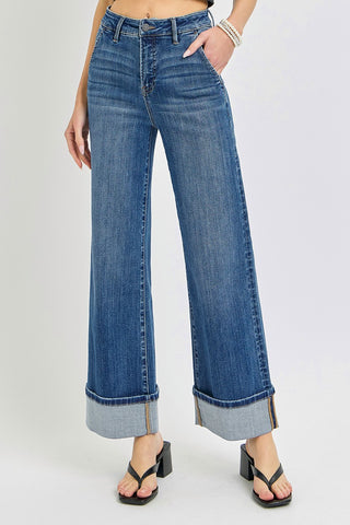 Risen Tummy Control High Rise Ankle Wide Cuffed Jeans