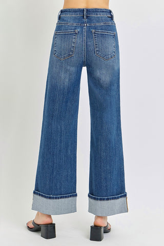 Risen Tummy Control High Rise Ankle Wide Cuffed Jeans