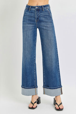 Risen Tummy Control High Rise Ankle Wide Cuffed Jeans