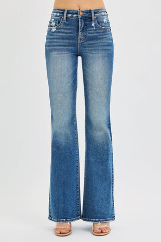 Risen Tummy Control High Rise Flare Jeans – straight front view showing high rise waistband, tummy control panel, and full flare leg silhouette