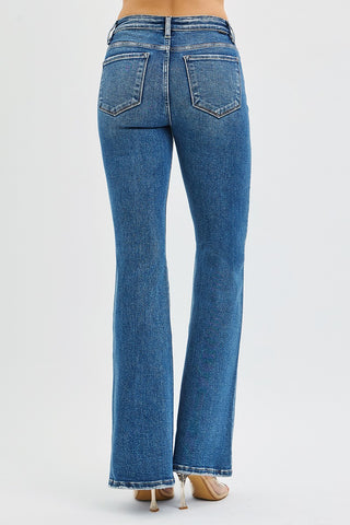 Risen Tummy Control High Rise Flare Jeans – back view showing high rise waistband, back pockets, and flare leg in dark wash