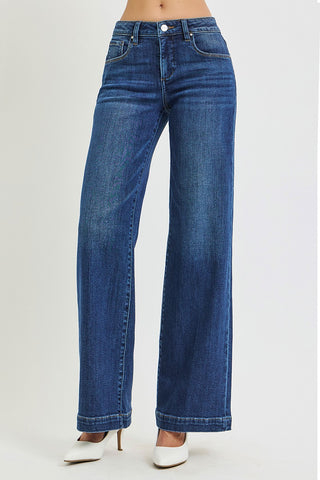 Risen Tummy Control Mid Rise Wide Leg Jeans with Crease Lines