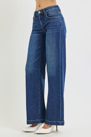 Risen Tummy Control Mid Rise Wide Leg Jeans with Crease Lines