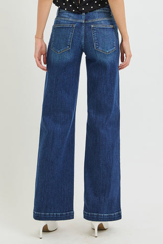 Risen Tummy Control Mid Rise Wide Leg Jeans with Crease Lines