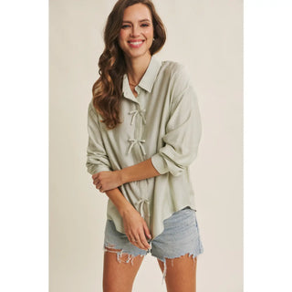 Sadie Crinkle Bow Accent Button Down Shirt