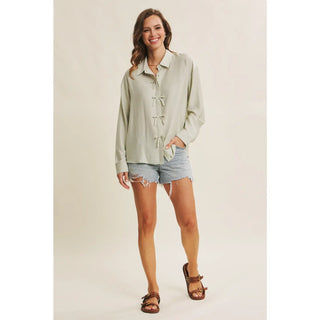 Sadie Crinkle Bow Accent Button Down Shirt