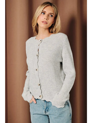 Scallop Trim Ribbed Crew Button Front Cardigan