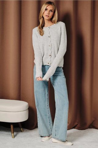 Scallop Trim Ribbed Crew Button Front Cardigan