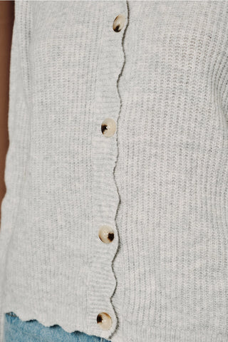 Scallop Trim Ribbed Crew Button Front Cardigan