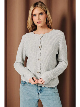 Scallop Trim Ribbed Crew Button Front Cardigan
