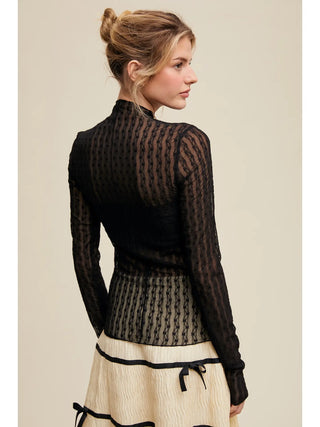 Semi sheer textured lace layering top showing versatile design perfect for year-round wear over camisoles