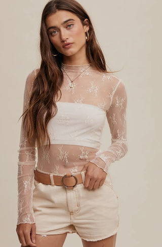 Ecru sheer mesh long sleeve top with delicate floral lace pattern - versatile neutral layering top