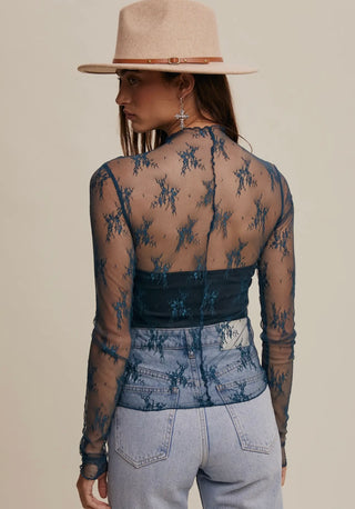 Back view of teal sheer lace top showing semi-transparent mesh fabric and long sleeve detail