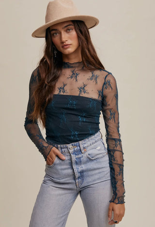 Teal sheer mesh long sleeve top with intricate floral lace and scalloped high neck - romantic layering piece
