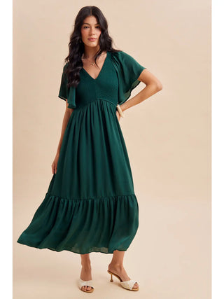Smocked Flutter Sleeve Satin Midi Dress in Emerald