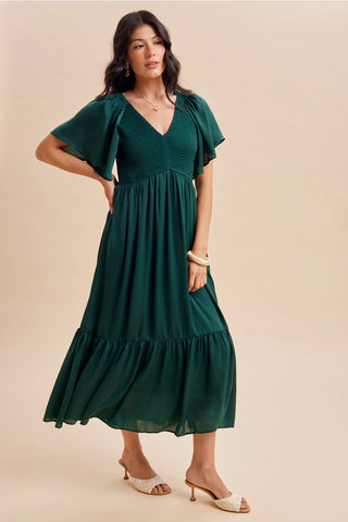 Smocked Flutter Sleeve Satin Midi Dress in Emerald