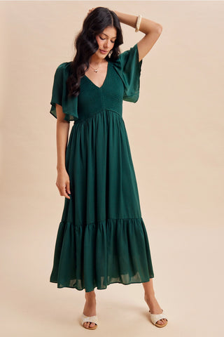 Smocked Flutter Sleeve Satin Midi Dress in Emerald