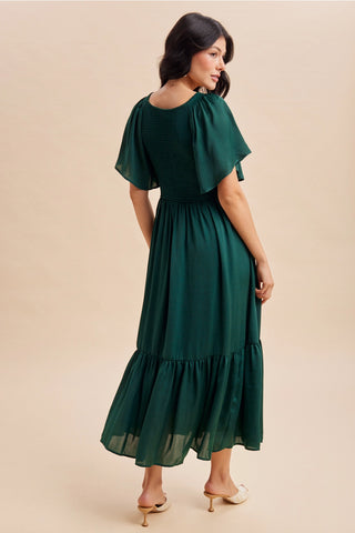 Smocked Flutter Sleeve Satin Midi Dress in Emerald