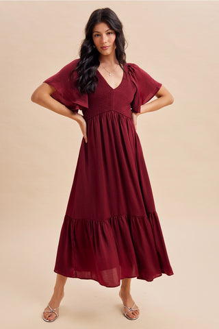 Smocked Flutter Sleeve Satin Midi Dress