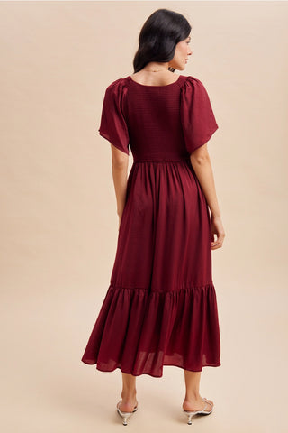 Smocked Flutter Sleeve Satin Midi Dress