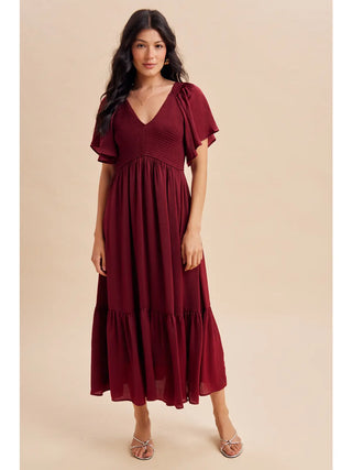 Smocked Flutter Sleeve Satin Midi Dress