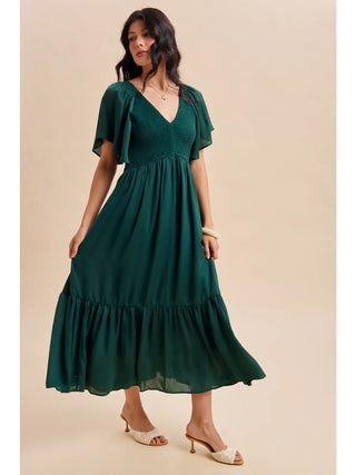 Smocked Flutter Sleeve Satin Midi Dress in Emerald