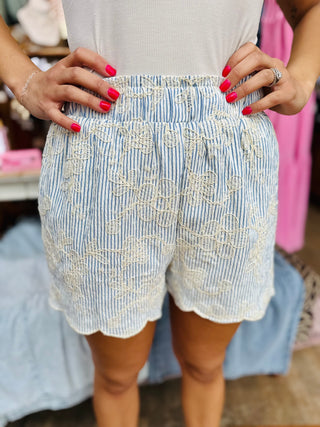 Detail shot of embroidered stripe pattern and scallop hem on summer shorts