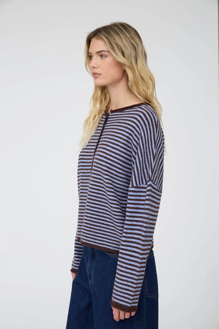 Stripe Raw Edge Button Down Long Sleeve Cardigan
