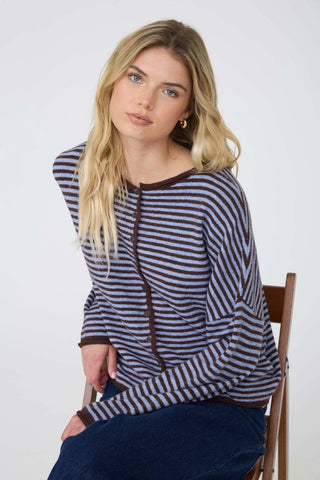 Stripe Raw Edge Button Down Long Sleeve Cardigan