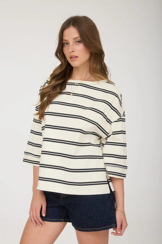 Stripe Raw Edge Cuff Oversized Short Sleeve Top