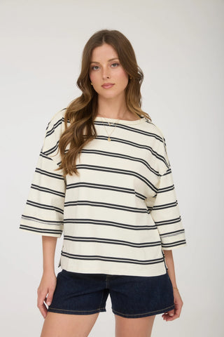 Stripe Raw Edge Cuff Oversized Short Sleeve Top