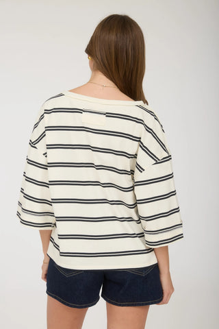 Stripe Raw Edge Cuff Oversized Short Sleeve Top