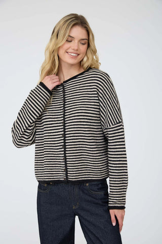 Stripe Raw Edge Button Down Long Sleeve Cardigan