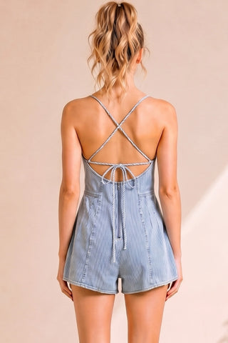 Striped Denim Tie Open Back Romper