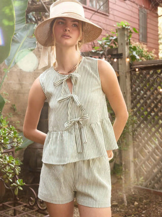 Striped Tie Front Ruffle Hem Tank Top