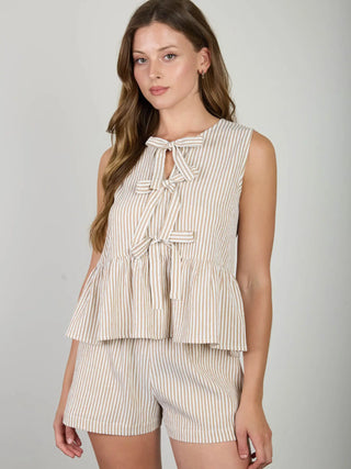 Striped Tie Front Ruffle Hem Tank Top