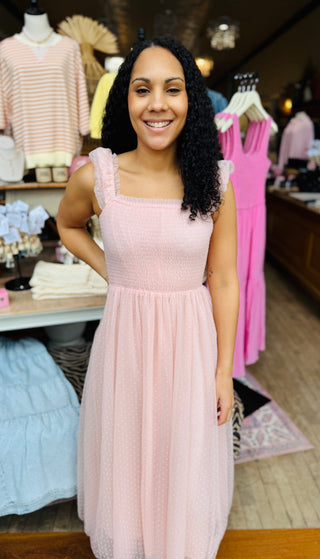 Swiss Dot Smocked Tulle Midi Dress