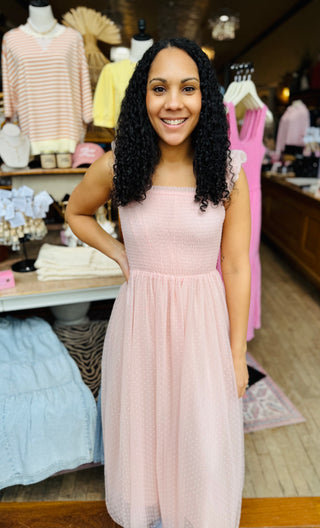 Swiss Dot Smocked Tulle Midi Dress