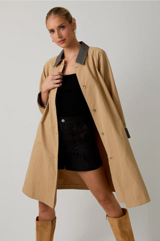 Tailored Contrast Collar Button Front A-line Trench Coat