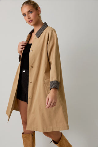 Tailored Contrast Collar Button Front A-line Trench Coat