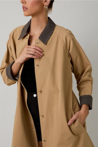 Tailored Contrast Collar Button Front A-line Trench Coat