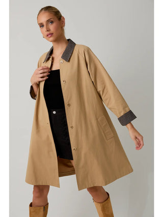 Tailored Contrast Collar Button Front A-line Trench Coat