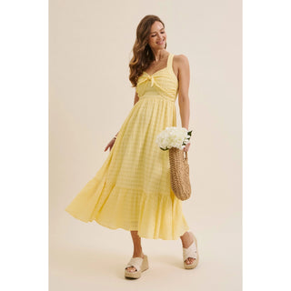 Textured Halter Flare Smocked Midi Dress