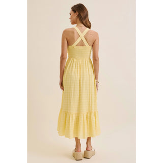 Textured Halter Flare Smocked Midi Dress