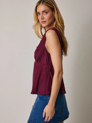V-Neck Maroon Godet Sleeveless Top