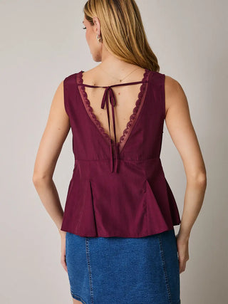 V-Neck Maroon Godet Sleeveless Top