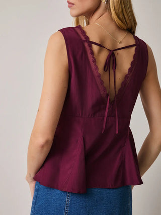V-Neck Maroon Godet Sleeveless Top