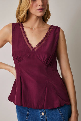 V-Neck Maroon Godet Sleeveless Top