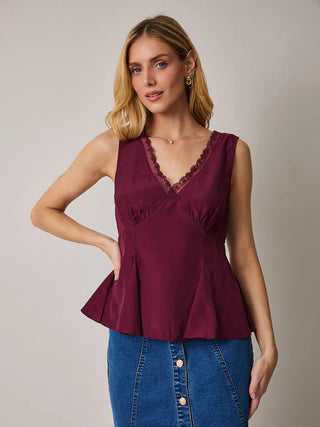 V-Neck Maroon Godet Sleeveless Top