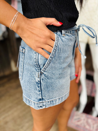 Vervet High Rise Waist Tie Denim Shorts